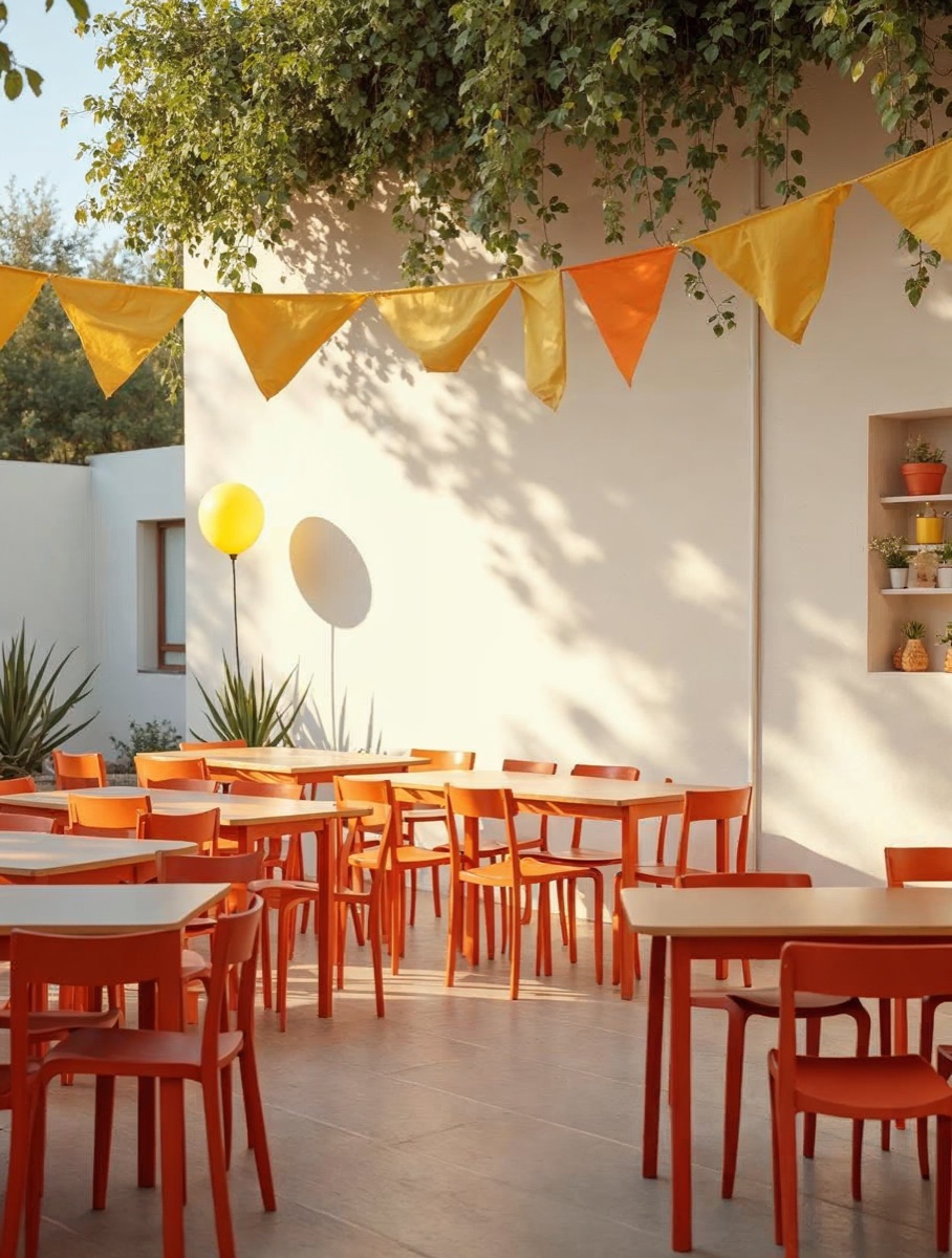 Sala social de urbanización en Madrid preparada para escape room a domicilio Picapista, con mesas dispuestas para equipos y proyector listo