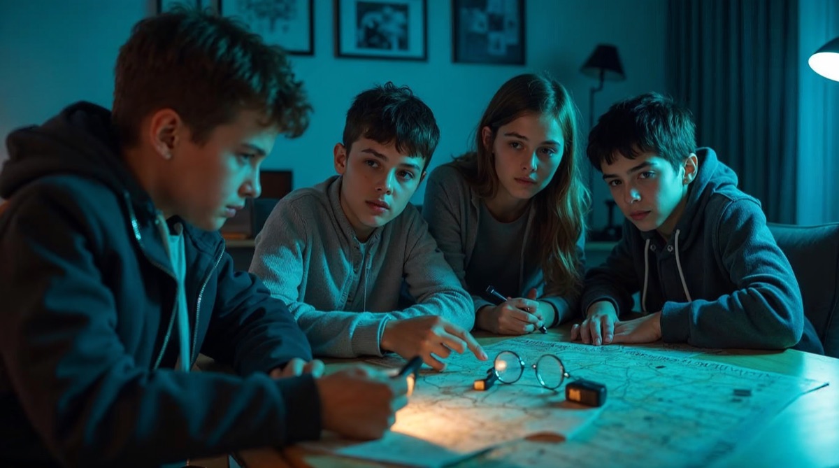 Adolescentes investigando pistas en una mesa con luz tenue · Stop Max escape room a domicilio Madrid